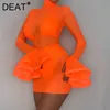 DEAT Kobiety Przędza Net Perspective Dress Turtleneck Ruffles Długi rękaw Przyjazdy Dama Sexy Moda Wiosna Lato 11d1111 210709