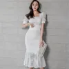 Sommar 2 stycken Lace Mermaid Skirt Passar Kvinnor Sexig Puff Sleeve Hollow Out Short Crop Top + Fishtail Kjolar Set 210529