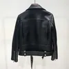 Ailegogo Autumn Women Pu Leather Jacket Woman Zipper Belt Short Coat Female Motorcycle Black Faux Leather Outwear 210908