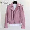 Dames Roze Jas Mode Lente Herfst Lange Mouw Turn Down Collar Rits Korte Lederen Jas Dames Biker Moto PU Uitloper 210525