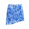Za drapeado impressão mini saia mulheres cintura alta ruching verão botão de moda up assimétrica hem mulher vinatge azul 210619
