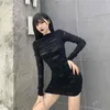 Helisopus Gothic Black Mini Dress Streetwear Rock Punk Hollow Retro High Waist Long Sleeve Bodycon Party Dresses 210623