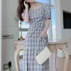 Vintage azul xadrez silm cintura vestidos para mulheres verão elegante escritório senhora vestido moda casual split vestido feminino 210525