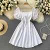 Women Fashion Retro Square Bubble Short Sleeve Sexy Bow Sweet A-line Mini Dress Solid Color Korean Clothes Vestidos R859 210527