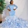 Arabic Aso Sky Blue Evening Pageant Dresses 2022 Luxury Lace Applique Long Sleeve Tiered Ruffles Cathedral Train African Mermaid Prom Gowns