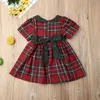 Bébé Filles De Noël Tutu Robe À Manches Courtes Taille Haute Bowknot Rouge Plaid Robe D'été Enfants Princesse Xmas Party Vêtements 6M-4T 2021 G1026