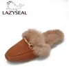 Riktig päls metall spänne mulor kvinnor loafers gravida skor kvinnliga furry diabilder fluffiga håriga flip flops