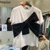 Neploe Bow-Knot Colore a contrasto T-shirt da donna Dolce O Collo Manica corta da donna T-shirt Moda donna in cotone coreano Top A10057 210315