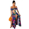 Printed Summer Beach Maxi Dress Strapless Off Shoulder Sexy High Slit Sundress Womens Robe Hollow Out Long DressesCasual Fashion Versatile Style