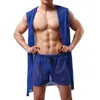 Mäns Sleepwear 2st/Lots Mens Hooded Robe Shorts Pants Mesh Fishnet Se genom nattkläder Lång nattklänning Löst pyjamas nattklänning Bath