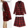 Women Elegant Office Suit Red Tweed Plaid Blazer Woman Casual Shorts Vintage Double Breasted Two Pieces Set Outwear 210604