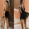 Jumpsuits femininos Macacões Yocalor Sexy Backless Sequin Jumpsuit Party Feminino Mulheres V-Neck Mesh High Wasit Curto Elegante Sash Tassel Romper Overal