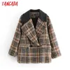 Tangada Mulheres Faux Couro Collar Patchwork Tweed Blazer Casaco Vintage Duplo Breasted Manga Longa Feminina Outerwear Chique Tops 3H9 210609