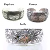 Bangle vintage etnisk stil bredband för män kvinnor elefant sköldpadda blomma snidad retro antika silverpläterade