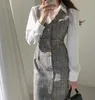 Vår elegant koreanska kvinnor högkvalitativ sexig v nacke singel breasted slim ärmlös vintage plaid väst klänning 210529