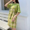 PERHAPS U Women Green Short Sleeve T-shirt Mini Plaid Strap Pocket Skirt Two Pieces Set Oversize Summer T0337 210529