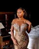 Plus size Arabisch Aso Ebi Gold Luxueuze Mermaid Prom Dresses Sheer Neck kralen Lace Evening Formele feest tweede receptie jurken jurk zj236