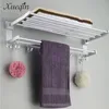 2 Layer Alumimum Foldable Bathroom Towel Rack Holder Wall Mounted Storage Hanger Kitchen Hotel Towel Clothes Shelf With 5 Hooks Y200407