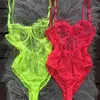 OMSJ Neon Kleuren Mode Wimpers Lace Bodysuit Slim Fit Zomer Sexy Backless Sheer Bodycon Jumpsuit Mesh Uitgehold Tops 210715
