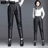 Harajuku invierno cálido grueso PU cuero de cintura altas pantalones de harén para mujer para mujeres pantalones de mujer holggy más talla 211115