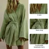 Fritidsklänningar Snörning Dam V-ringad Kimono Cardigan Miniklänning Bomull Linne Långärmade Sashes Klänning Robe Style Sommar Lös Vestidos