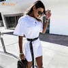 Women Casual Loose Letter Belt T Shirt Dress O Neck Short Sleeve Basic Female Mini Dresses Vestidos Summer 210527