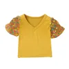 Yaz Çocuklar V Yaka T-Shirt Katı Renk Dikiş Renkli Örgü Puf Kollu Kızlar T-shirt Dot T Shirt Giysileri