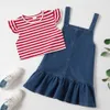 Mooie Kid Girl 2-Piece Flutter-Sleeve Stripe Print Denim Ruffled Jurk Suits 210528