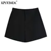 KPYTOMOA Frauen Chic Mode Seitentaschen Bermuda Shorts Vintage Hohe Elastische Taille Reißverschluss Weibliche Kurze Hosen Mujer 210724