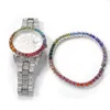 3 pçs/set masculino hip hop iced out bling correntes coloridas colar de diamante pulseiras relógio cubano cadeias de ligação moda hiphop conjuntos de joias