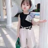 Summer Girls' Clothing Sets Fashion Irregular Stitching Top+ Shorts+ Belt Baby Kids Clothes Suit Children 210625