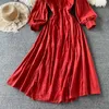 Robe longue brodée noire/rouge/blanche femmes Vintage col en V lanterne à manches longues élégante grande balançoire robes femme vacances plage Y0603