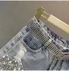 Woman Denim Shorts Summer female Wear High Waist Slimming Heavy Beaded Sequin Fringed Ripped Wide Leg Pants Jeans Hot