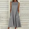 Casual Dresses Women Fashion Cool Summer 2022 Solid Color Beach Causal Holiday Loose Dress Round Neck Big Swing Pocket Maxi Vestidos