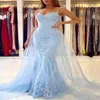 Baby Blue Mermaid Evening Dress With Overskirt Train Sexy Spaghetti Straps Lace Plus Size Prom Dresses 2021 Long Formal Party Gown Robes De Soirée