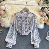 Kvinnor Chiffon Långärmad tröja Vår Fashion Stand Neck Pleated Wood Ear Sweet Floral Print Elegant Blus R098 210527