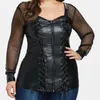 Women Vintage Shirt Plus Size 4XL 5XL Steampunk Gothic Lace-UP Corset Blouse Hollow Out Long Sleeve Faux Leather Blouses Tops