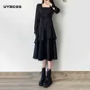 Women's Gothic Goth Dress Punk Harajuku Long Sleeve Ruffle Black Bodycon Midi Dress Square Collar Streetwear Patchwork 210712