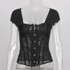 Women's Blouses & Shirts Black Blouse Shirt See Through Lace Up Adjustable Top High Waist Bodycon Corset Women Sexy Gothic Party Bustier Hoo