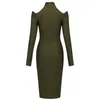 Ankomst Kvinnor Sexig Designer Armé Green Midi Bandage Dress Ladies Elegant Långärmad Split Bodycon Party Vestido 210527