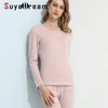 SuyaDream Women Fleece Warm Long Johns 100%Natural Silk Brushed Solid Winter Thermal Pink Nude Underwear 211110