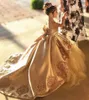 Ouro Primeira Comunhão Vestidos Crianças Vestido De Esfera De Noite Gold Applique Bow Long Girls Pageant Dress Lace Tulle Flor Menina Vestidos 2021