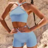 Womens Solid Colors Yoga Tracksuits Fashion Trend Backless Sling Short Vest High Waist Leggings Sports Suits Female Fitness Skinny 2Pcs Sets