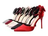 Chaussures Noeud Femme Sandales Escarpins Soie Talons Hauts Femme Stiletto Rouge Mariage