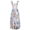 패션 활주로 여름 드레스 2021 새로운 여성의 활 스파게티 스트랩 백리스 파란색과 흰색 도자기 꽃 인쇄 긴 드레스 210316
