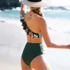 Seaselfie One Shoulder Ruffled High midja Bikini Set Women Sexig Green Floral Two Piece Swimsuit 2021 New Swimming Swimwear 210305