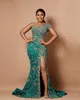 Plus taille arabe aso ebi chasseur vert sirène verte robes de bal de lace en dentelle high divisée soirée formelle deuxième robe de réception robe zj6033