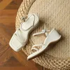 Meotina Shoes Women Genuine Leather Sandals Wedges High Heel Sandals String-bead Square Toe Ladies Footwear Summer Green 33-43 210608