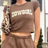 Cowgirl Imprimir Crop Top Mulheres Verão 2021 Manga Curta Redonda Pescoço T-shirt T-shirt de Streetwear Y2K Novo 210311