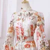 Vintage Printed Dress Woman Spring Single-breasted Stand Collar Lantern Sleeve Hollow Out Lace Female Sashes Casual 210603